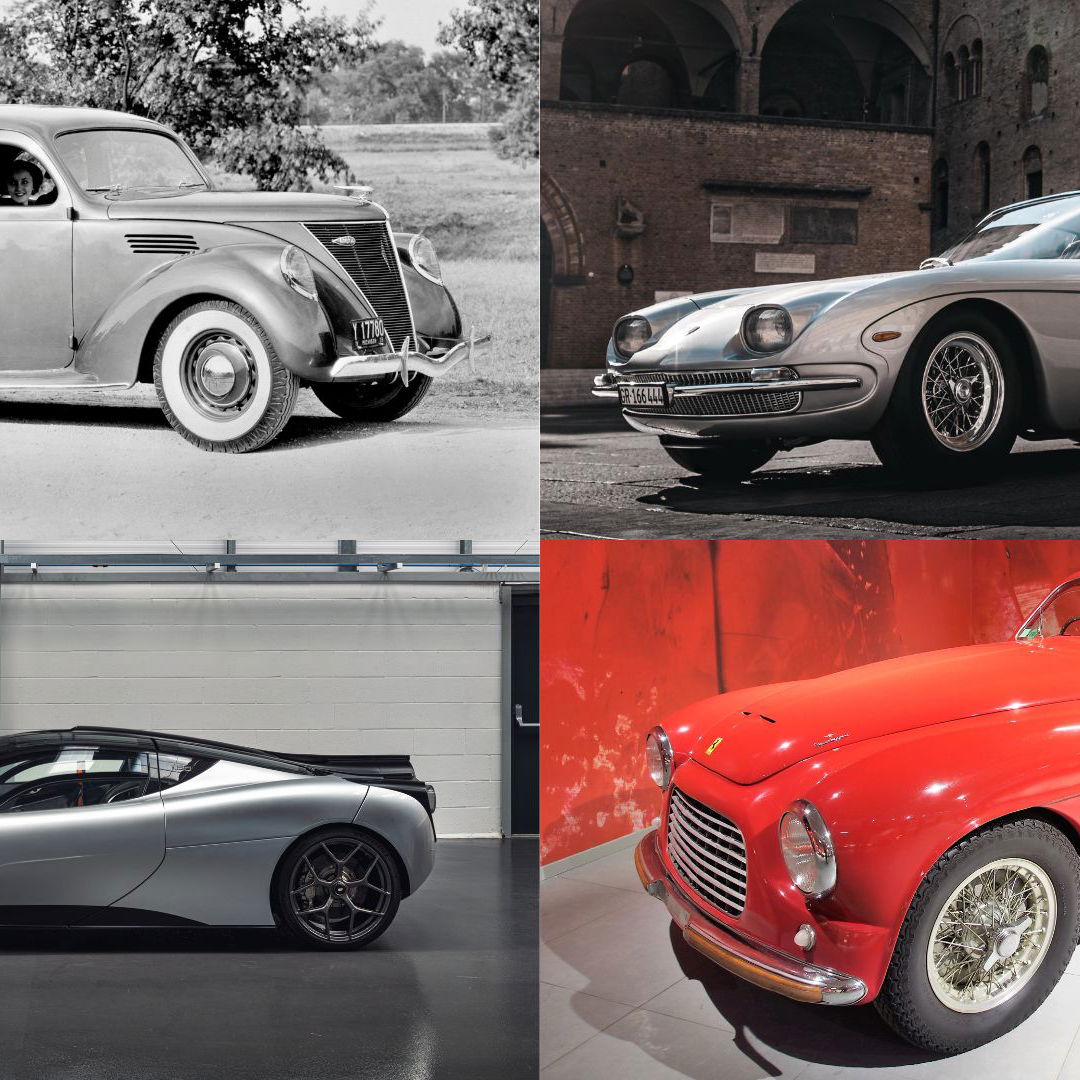Clockwise from top left: Lincoln-Zephyr, Lamborghini 350GT, Ferrari 166 Inter, GMA T.50